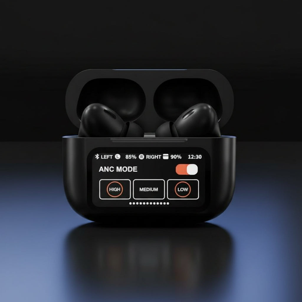 Black A9 Pro ANC Bluetooth 5.4 Wireless Earbuds with Smart Screen and Active Noise Cancellation