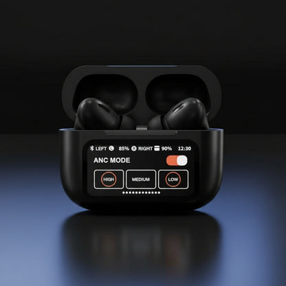 Black A9 Pro ANC Bluetooth 5.4 Wireless Earbuds with Smart Screen and Active Noise Cancellation