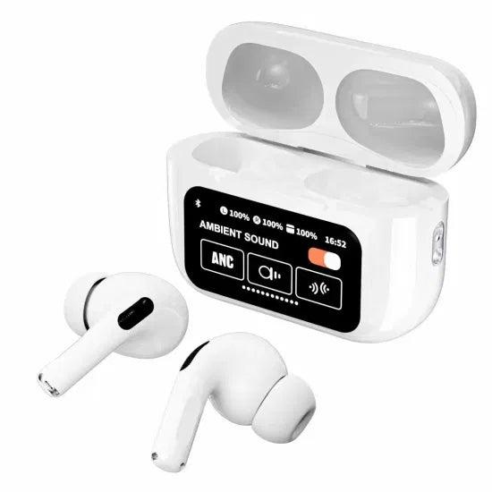 Black A9 Pro ANC Bluetooth 5.4 Wireless Earbuds with Smart Screen and Active Noise Cancellation