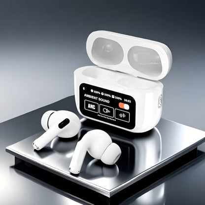 Black A9 Pro ANC Bluetooth 5.4 Wireless Earbuds with Smart Screen and Active Noise Cancellation